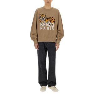 KENZO Paris Tiger Logo Crewneck Sweatshirt Men Beige Sweaters & Cardigans